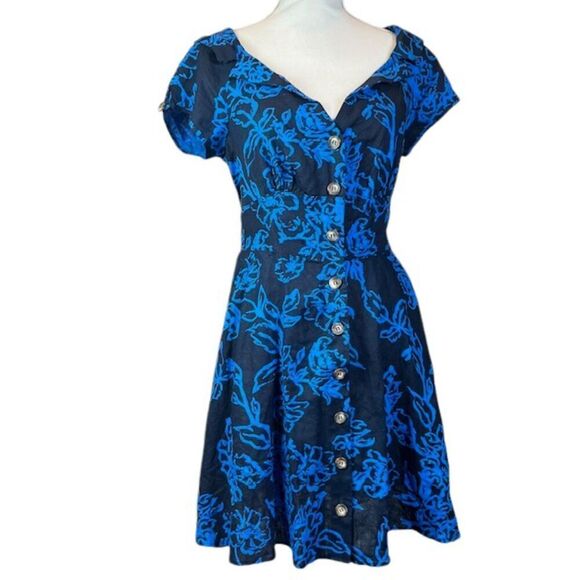 NWT Free People Linen "A Thing Called Love" Dress Blue Combo Mini Floral Size 8 - Picture 2 of 13